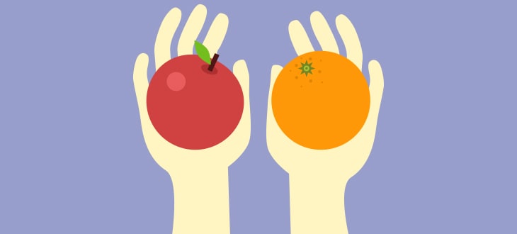 an apple and an orange on both hands