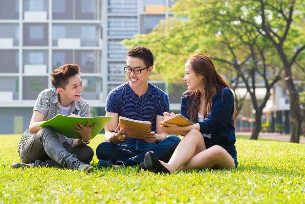 Group of students sharing with the ideas on the campus lawn