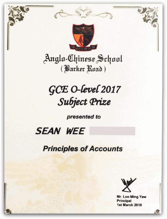 Top Scholar for POA Subject<br/>
ACS (Barker Road)<br/>Sean Wee (A1)